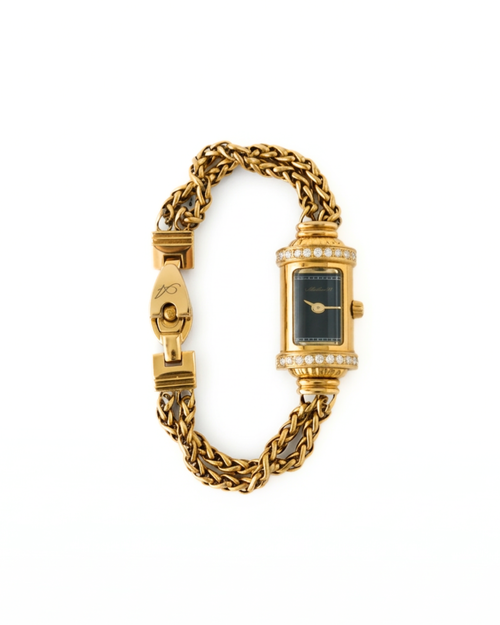Archive24's gold jewelry watch with lab grown diamonds and onyx face 